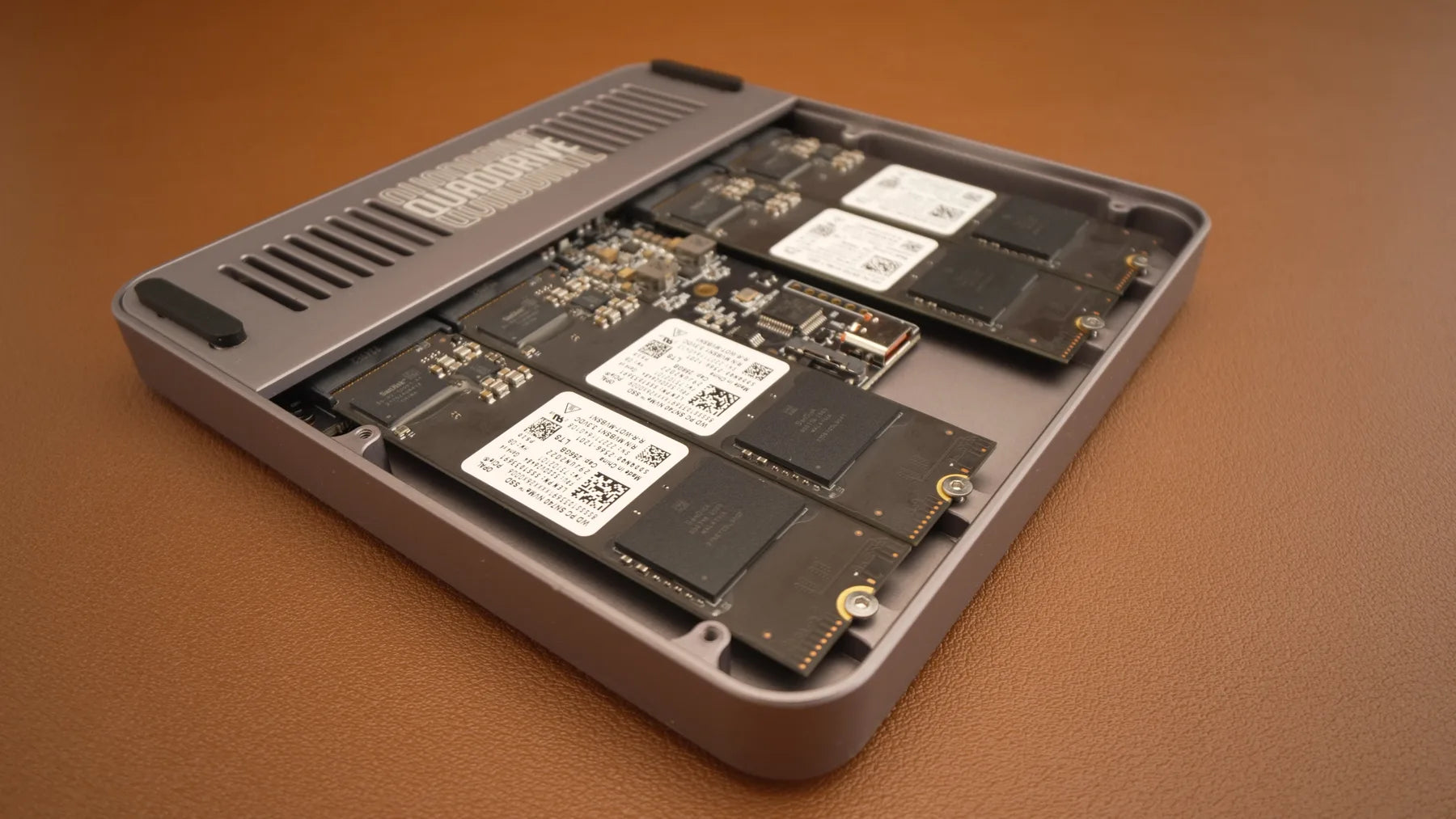 QuadDrive open with four NVMe SSDs installed